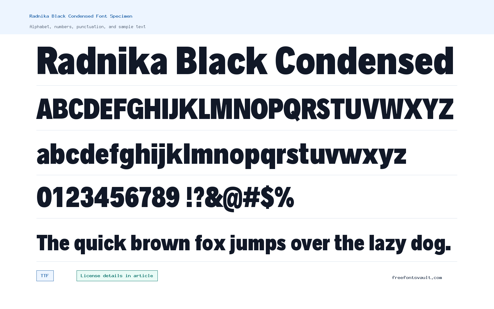 Radnika Black Condensed font specimen showing alphabet, numbers, and sample text