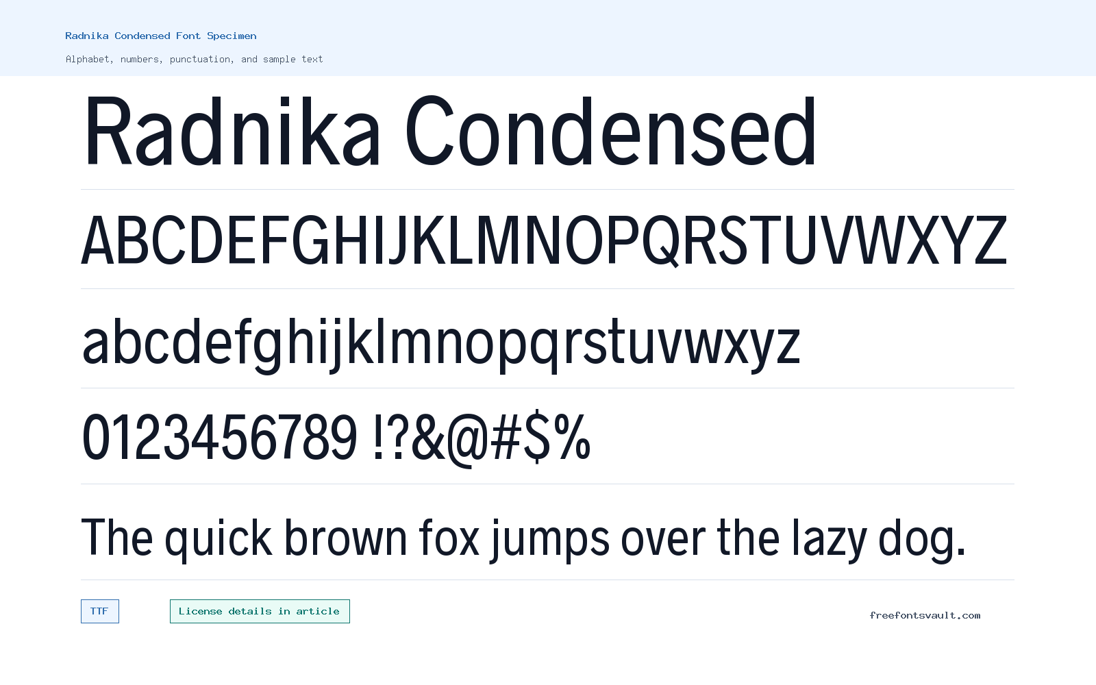 Radnika Condensed font specimen showing alphabet, numbers, and sample text