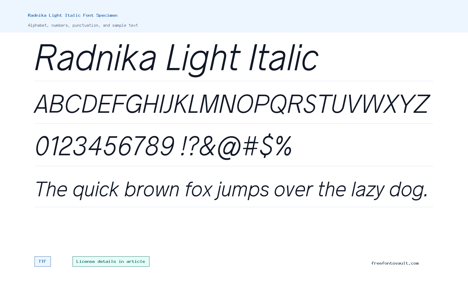 Radnika Light Italic font specimen showing alphabet, numbers, and sample text