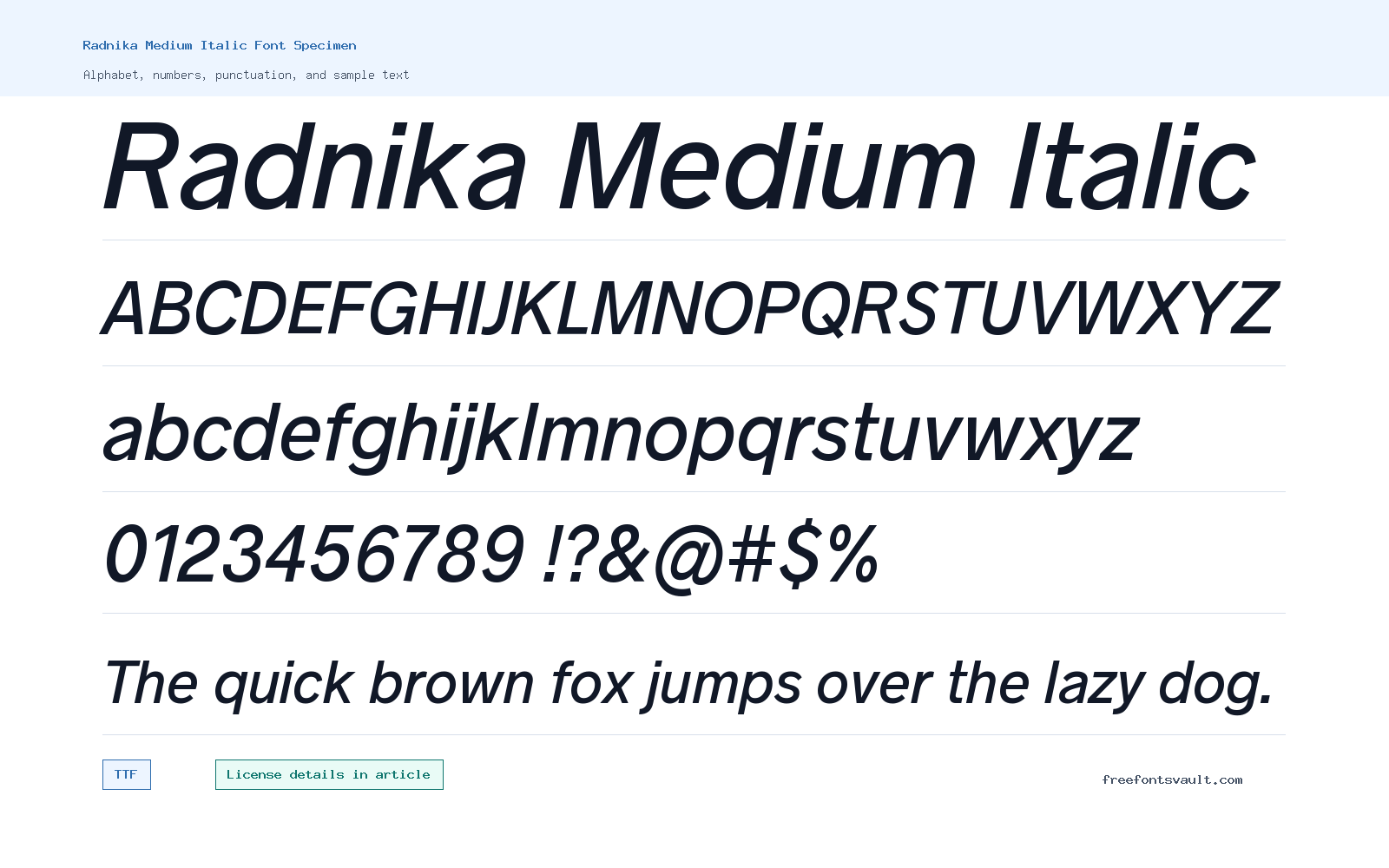 Radnika Medium Italic font specimen showing alphabet, numbers, and sample text