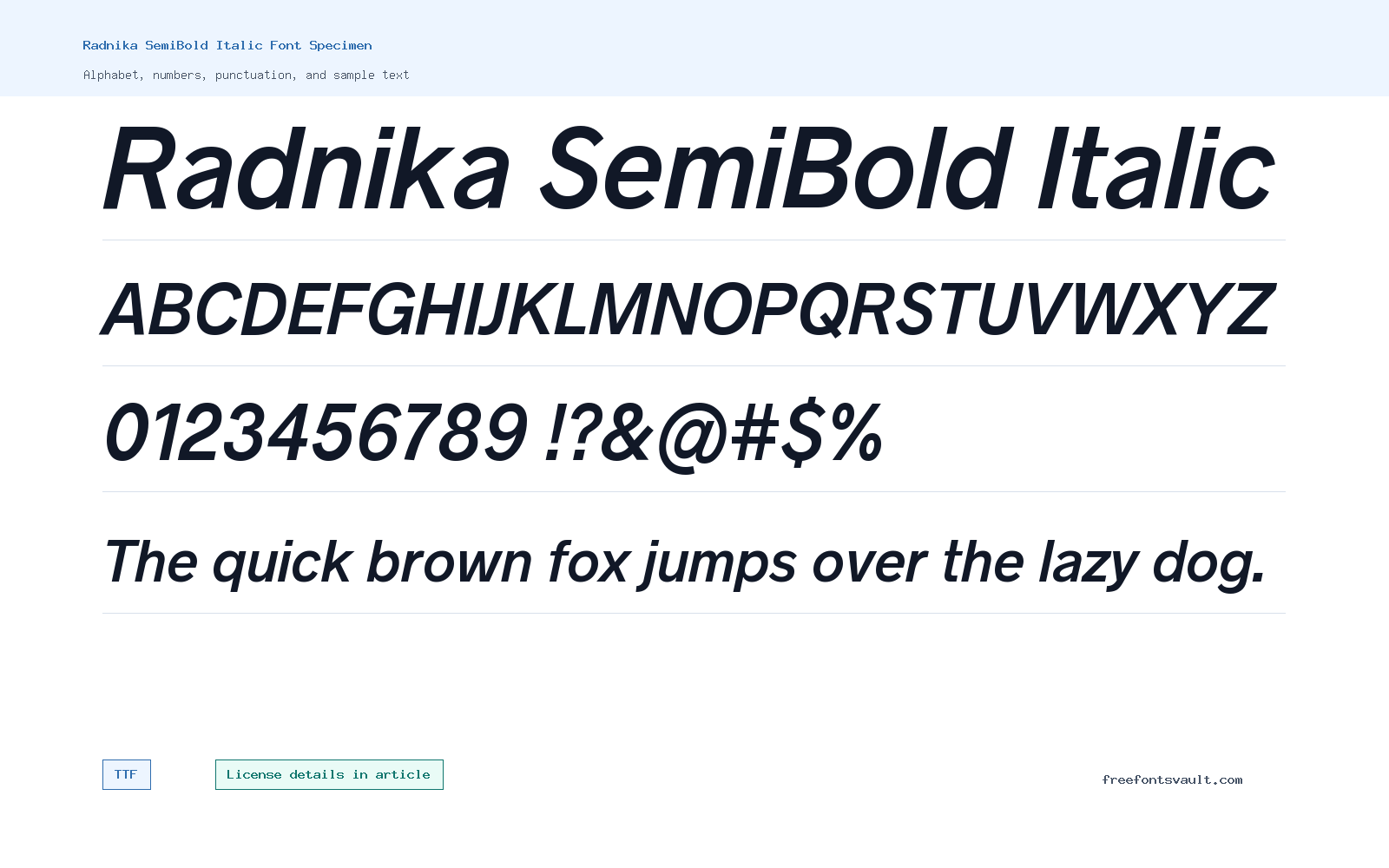 Radnika SemiBold Italic font specimen showing alphabet, numbers, and sample text