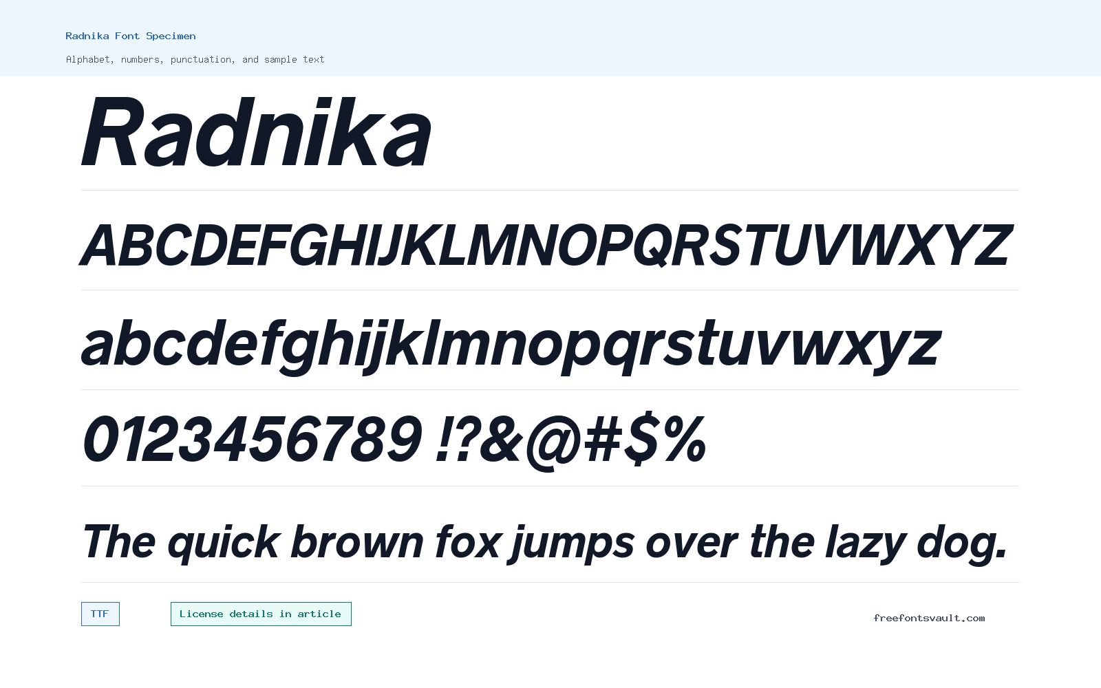 Radnika font specimen showing alphabet, numbers, and sample text