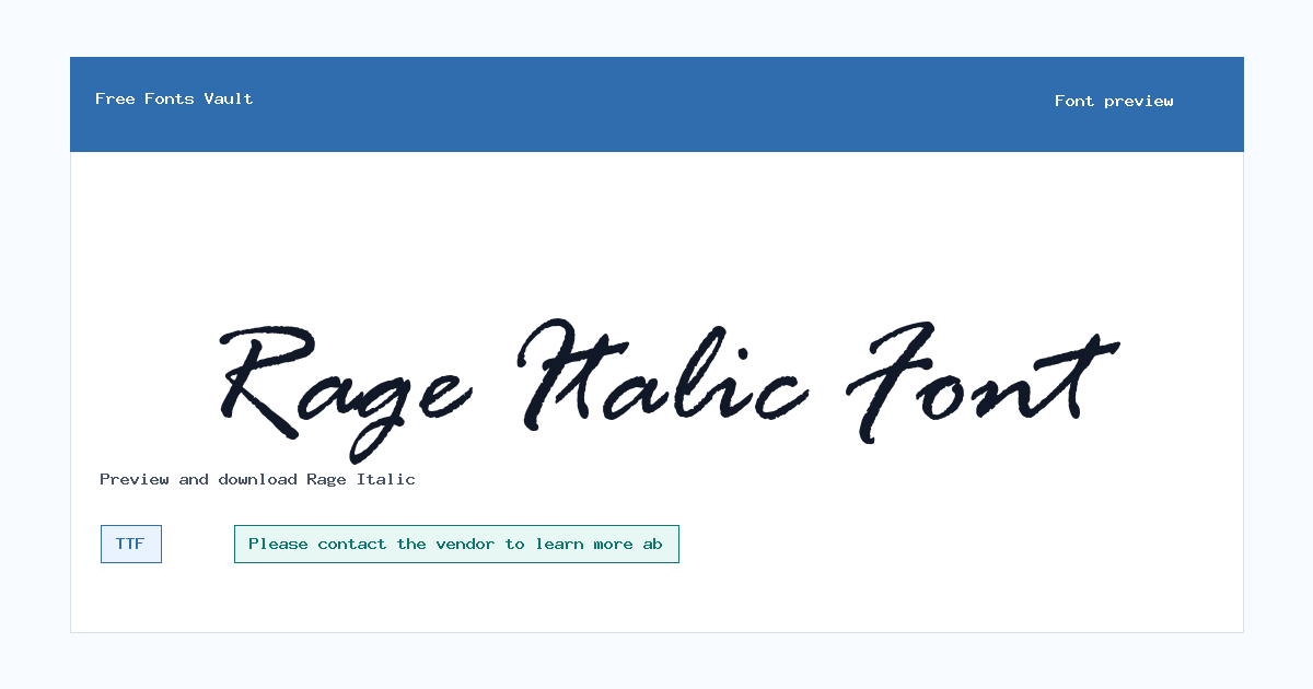 Rage Italic font preview showing the family name