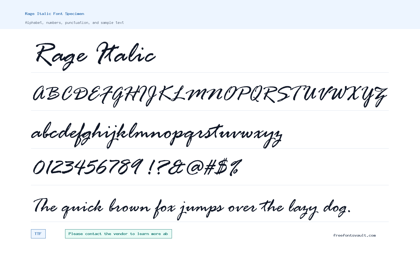 Rage Italic font specimen showing alphabet, numbers, and sample text