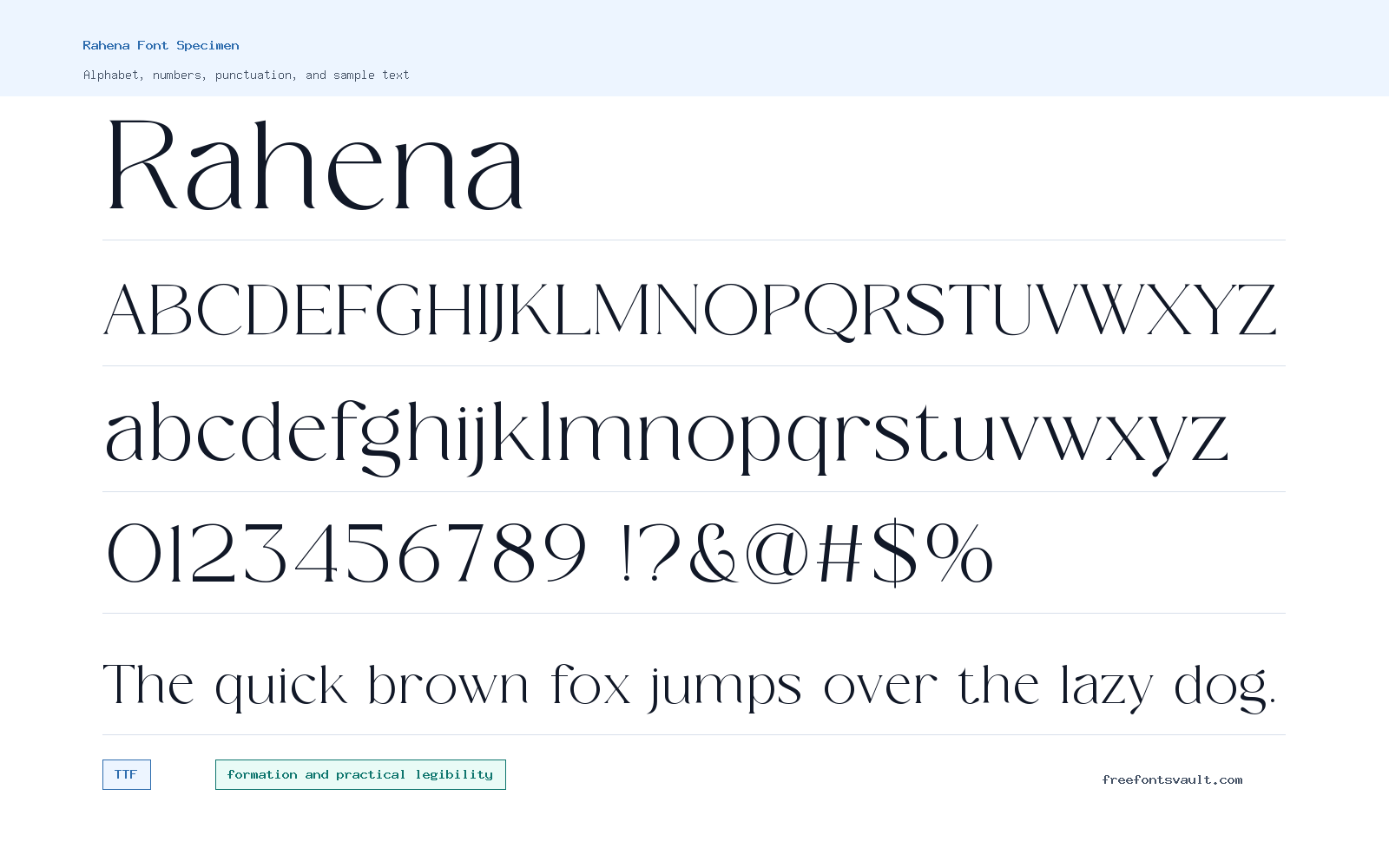 Rahena font specimen showing alphabet, numbers, and sample text
