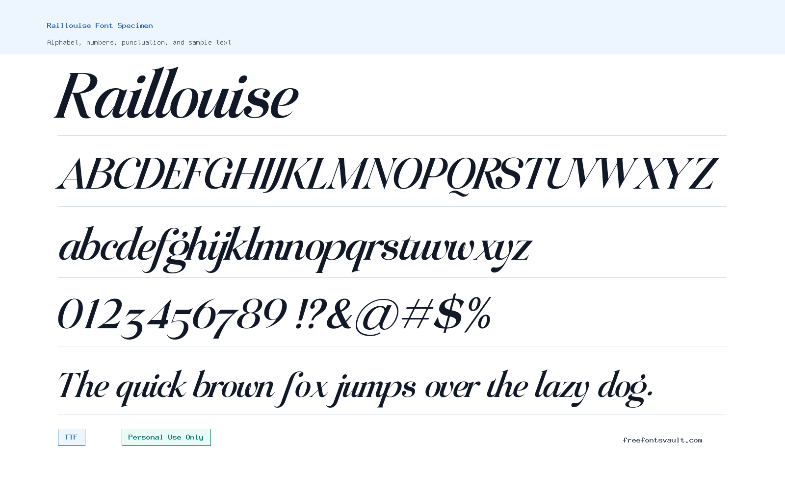Raillouise font specimen showing alphabet, numbers, and sample text