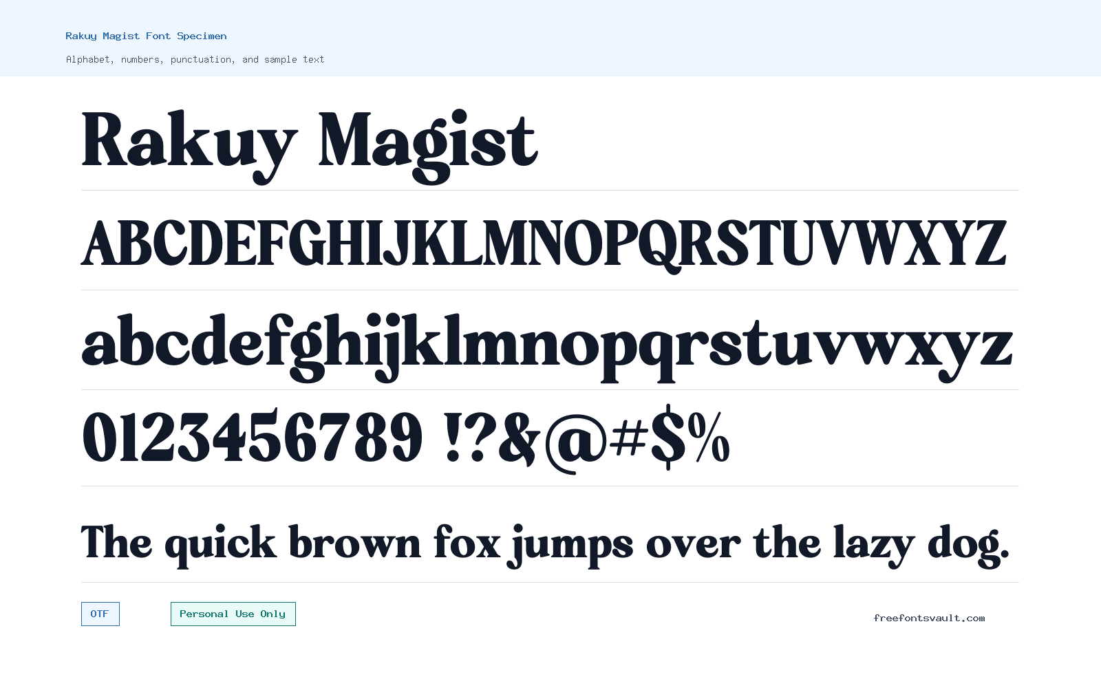 Rakuy Magist font specimen showing alphabet, numbers, and sample text