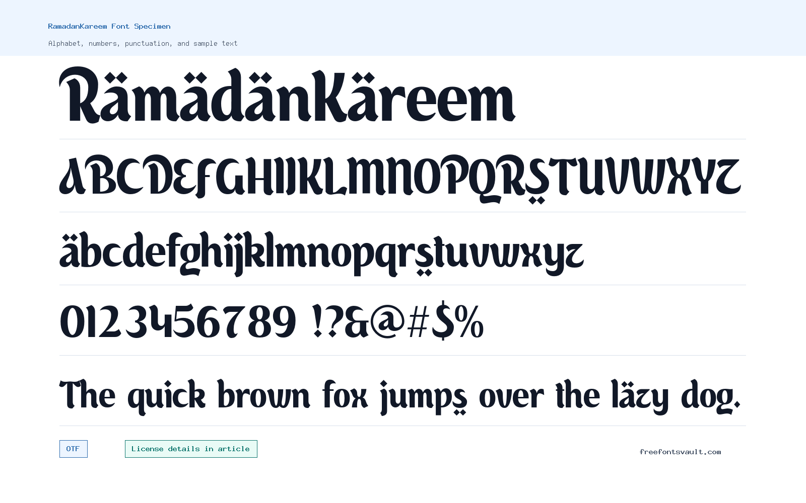 RamadanKareem font specimen showing alphabet, numbers, and sample text