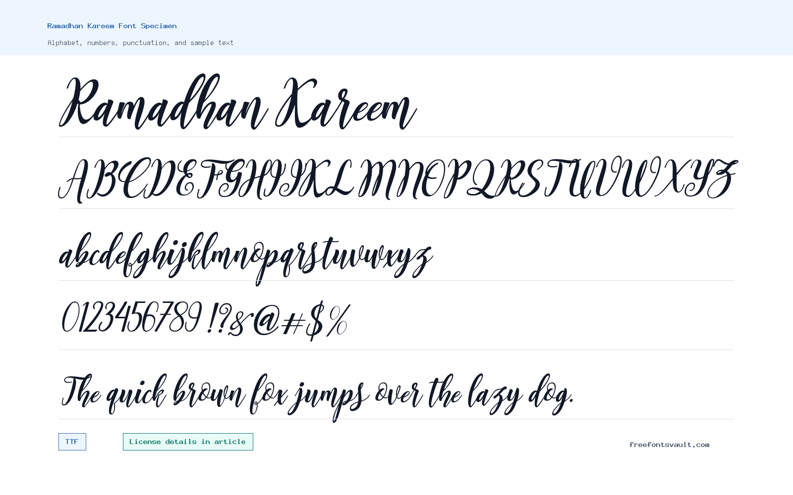 Ramadhan Kareem font specimen showing alphabet, numbers, and sample text