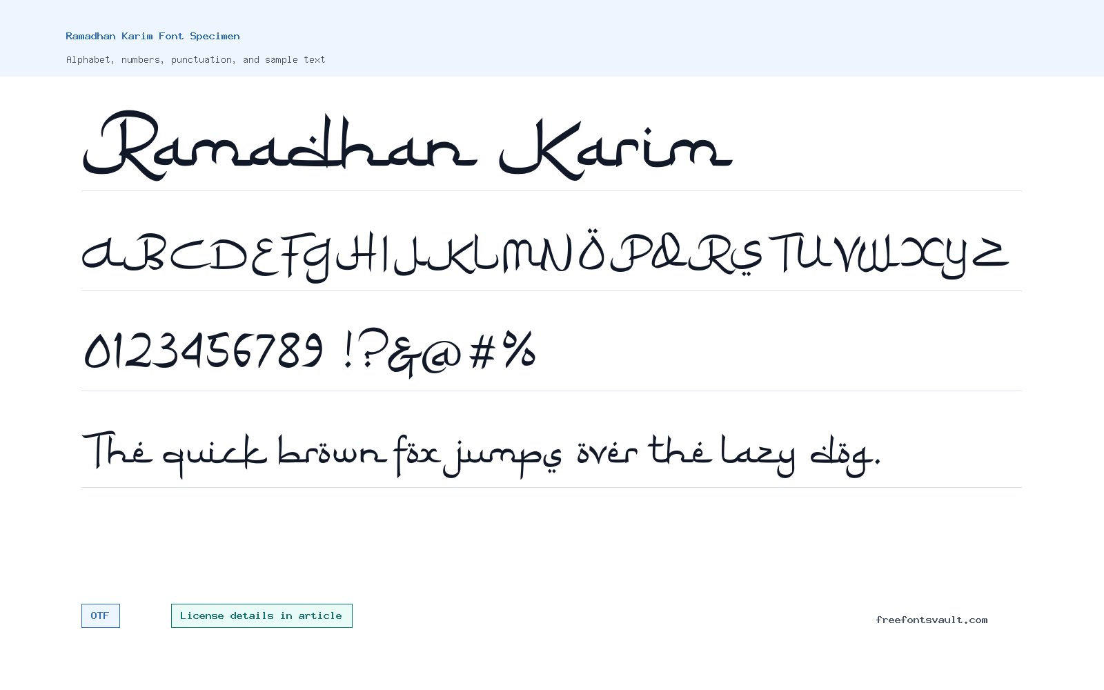 Ramadhan Karim font specimen showing alphabet, numbers, and sample text