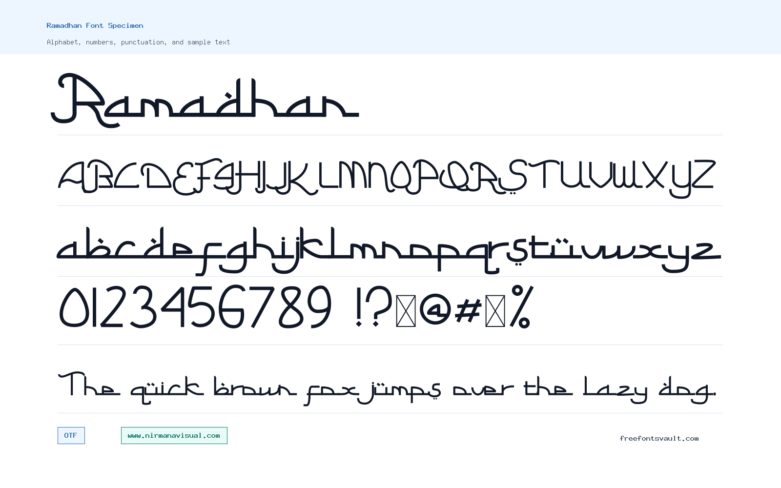 Ramadhan font specimen showing alphabet, numbers, and sample text