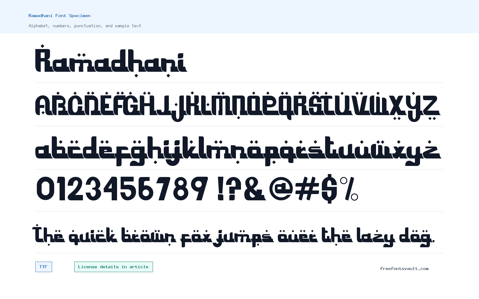 Ramadhani font specimen showing alphabet, numbers, and sample text
