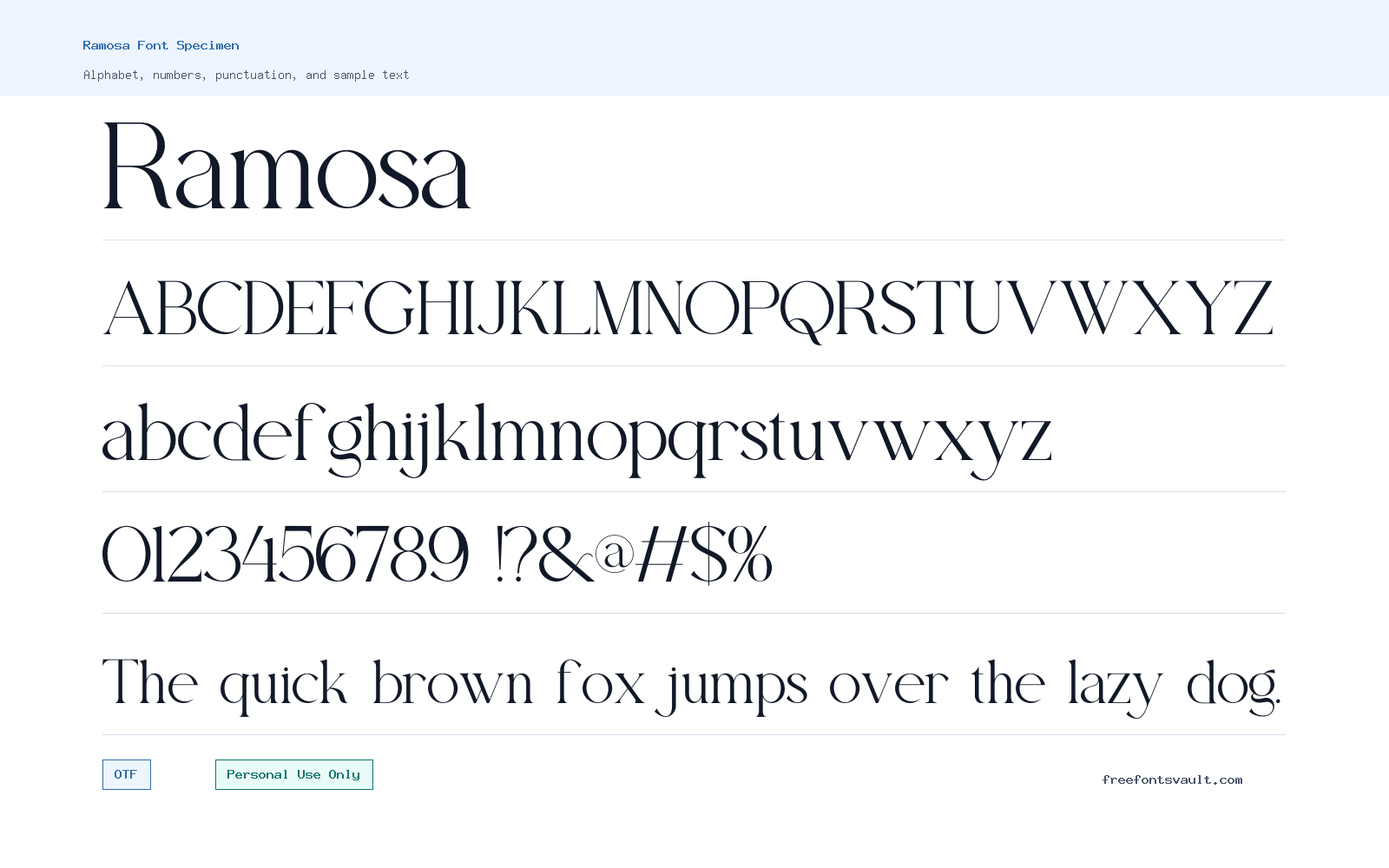 Ramosa font specimen showing alphabet, numbers, and sample text