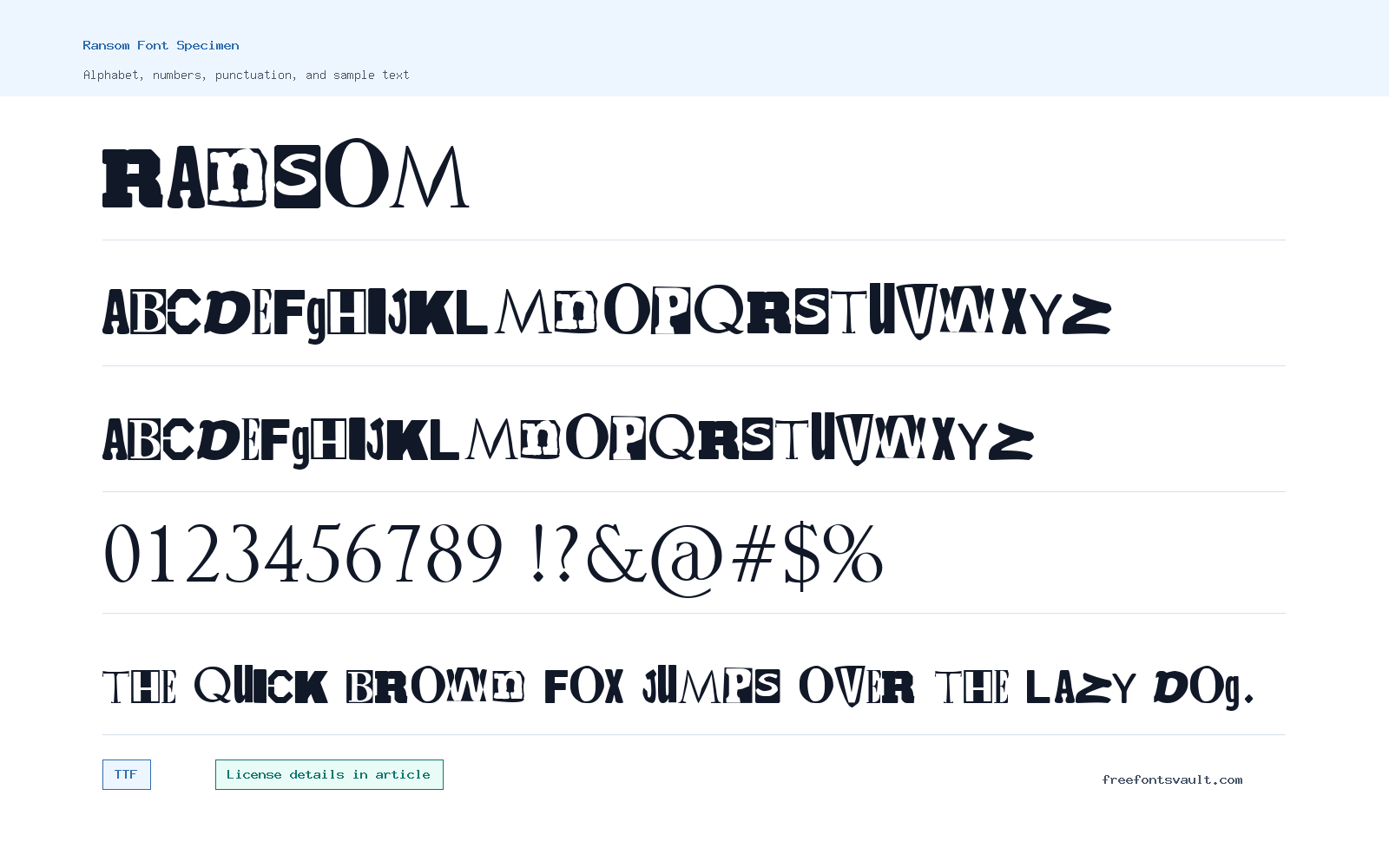 Ransom font specimen showing alphabet, numbers, and sample text