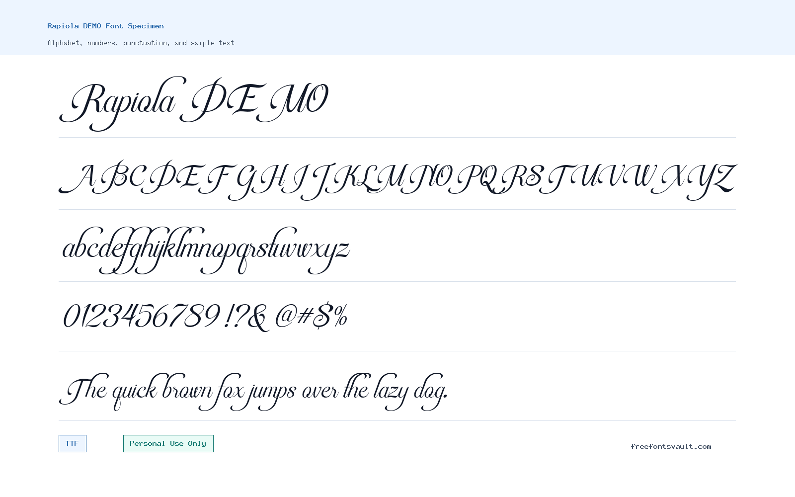 Rapiola DEMO font specimen showing alphabet, numbers, and sample text