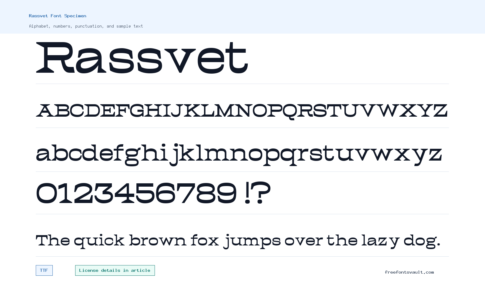 Rassvet font specimen showing alphabet, numbers, and sample text