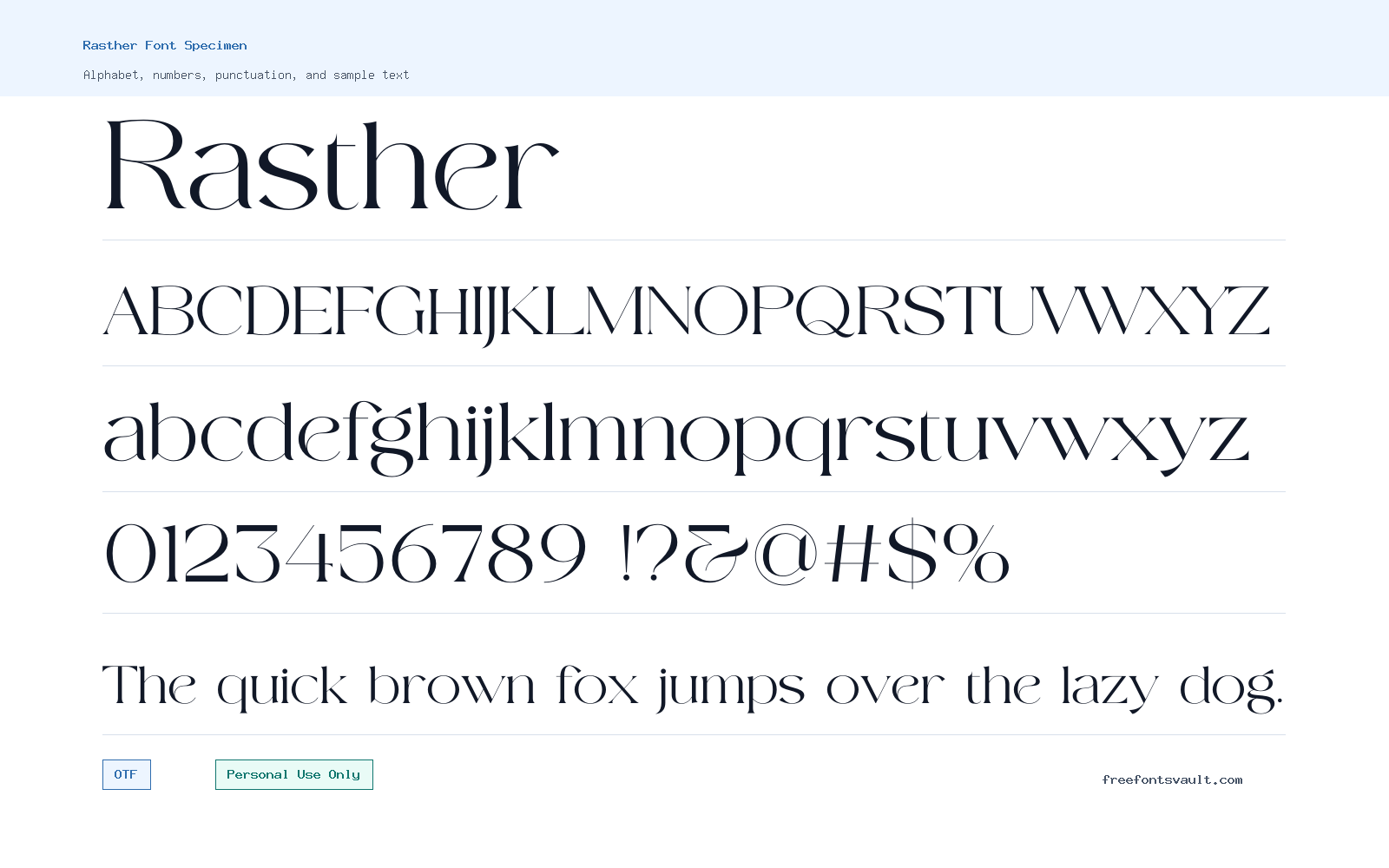 Rasther font specimen showing alphabet, numbers, and sample text