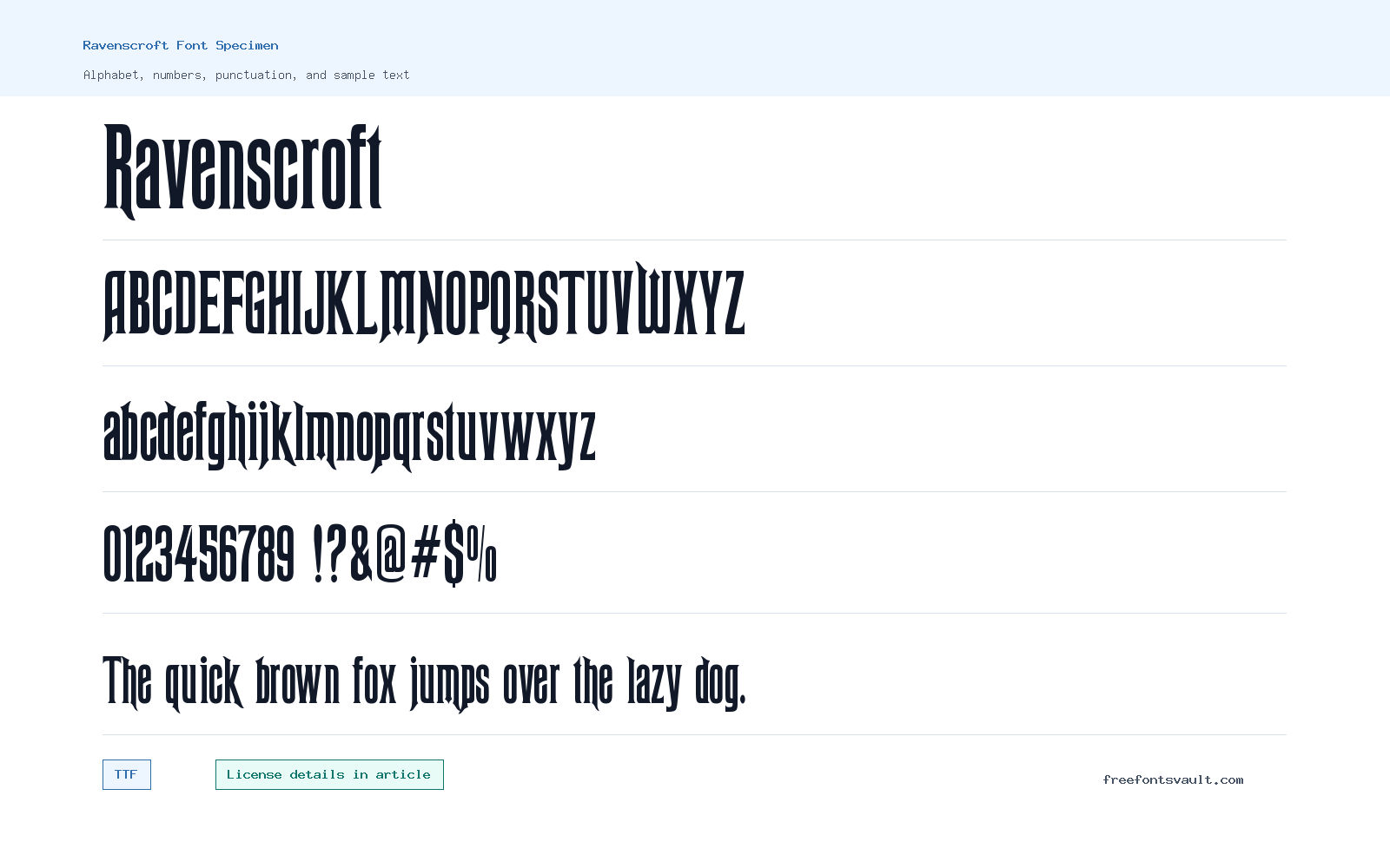 Ravenscroft font specimen showing alphabet, numbers, and sample text
