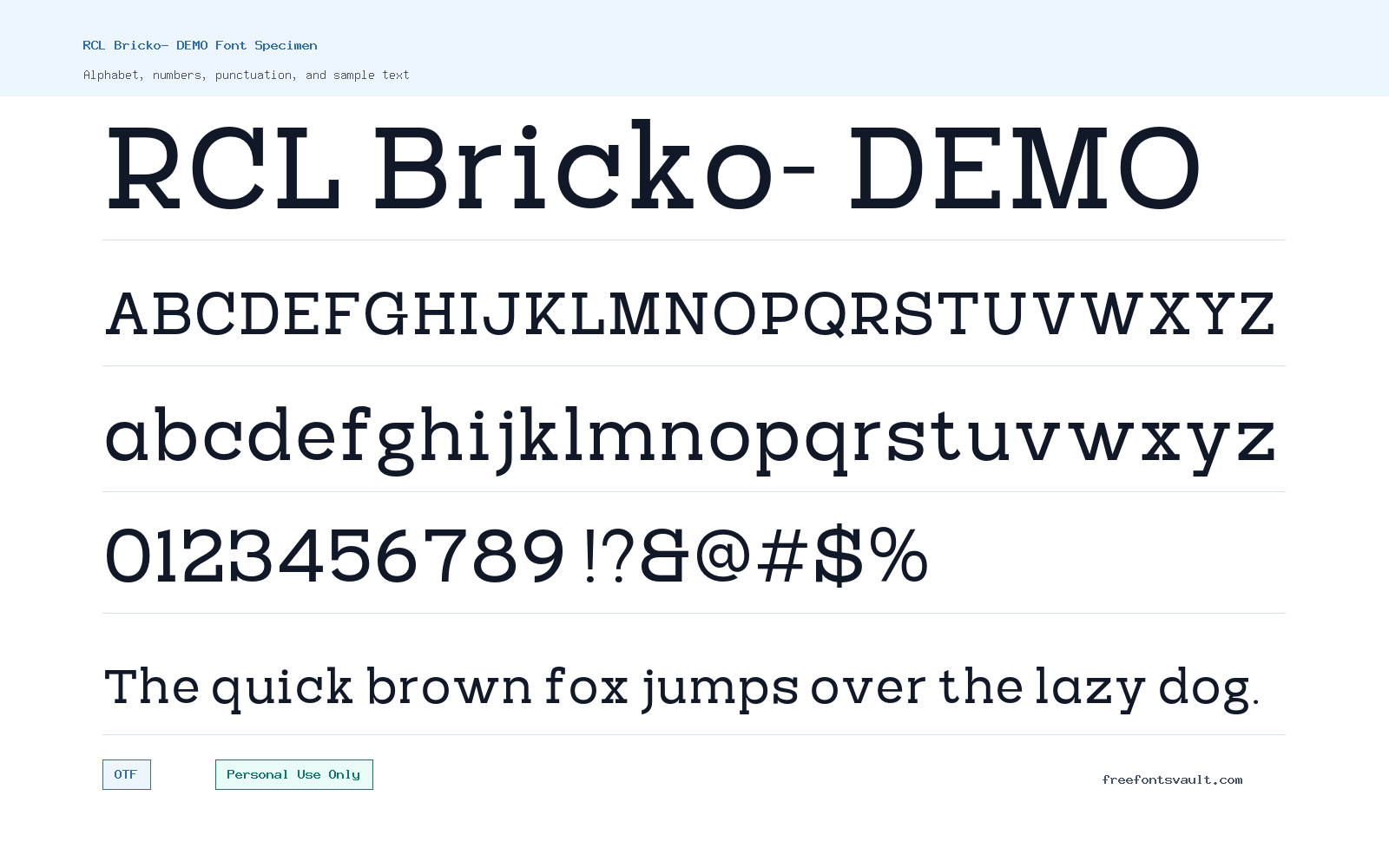 RCL Bricko- DEMO font specimen showing alphabet, numbers, and sample text