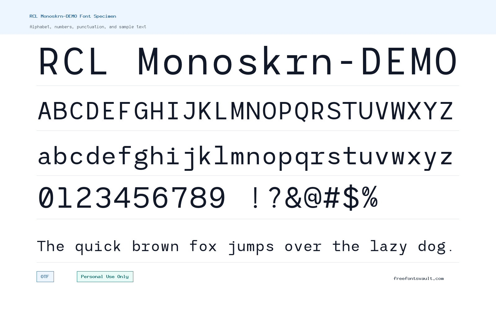 RCL Monoskrn-DEMO font specimen showing alphabet, numbers, and sample text
