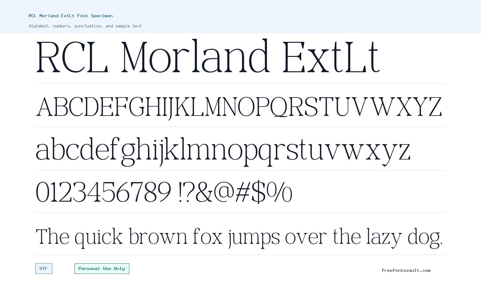 RCL Morland ExtLt font specimen showing alphabet, numbers, and sample text