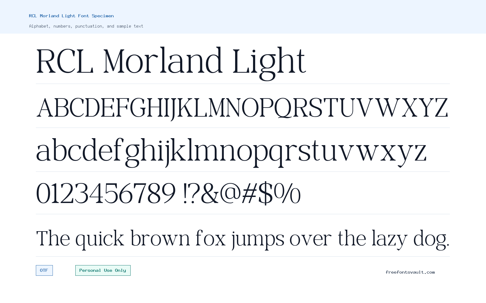 RCL Morland Light font specimen showing alphabet, numbers, and sample text