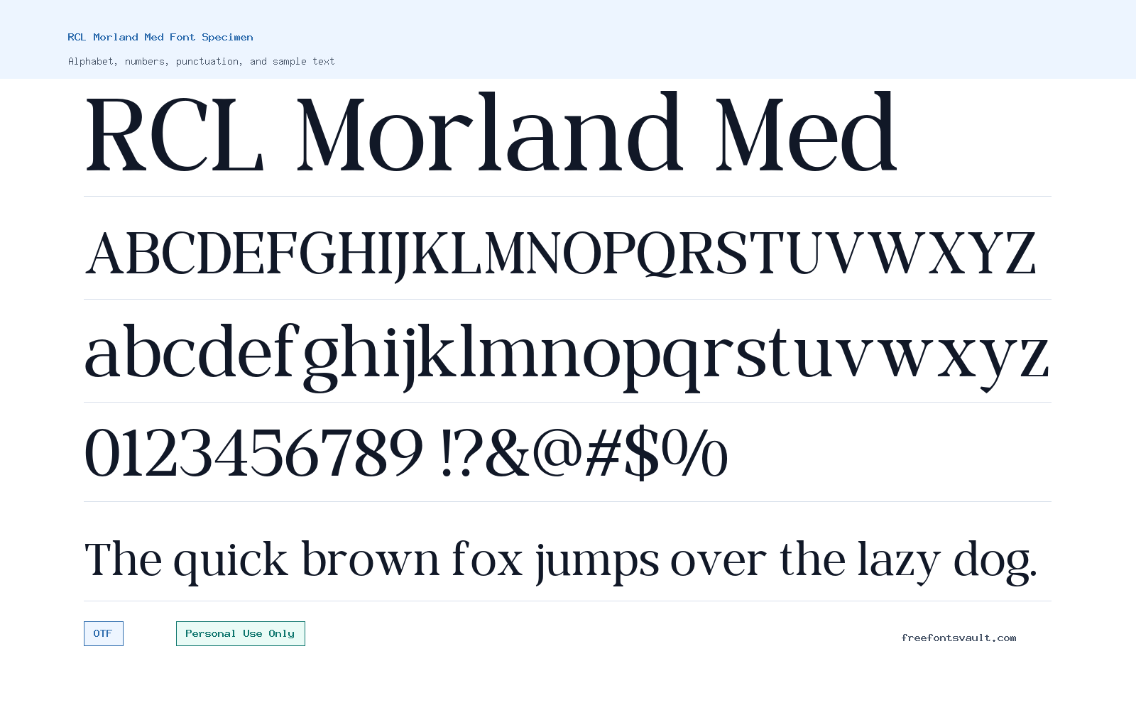 RCL Morland Med font specimen showing alphabet, numbers, and sample text