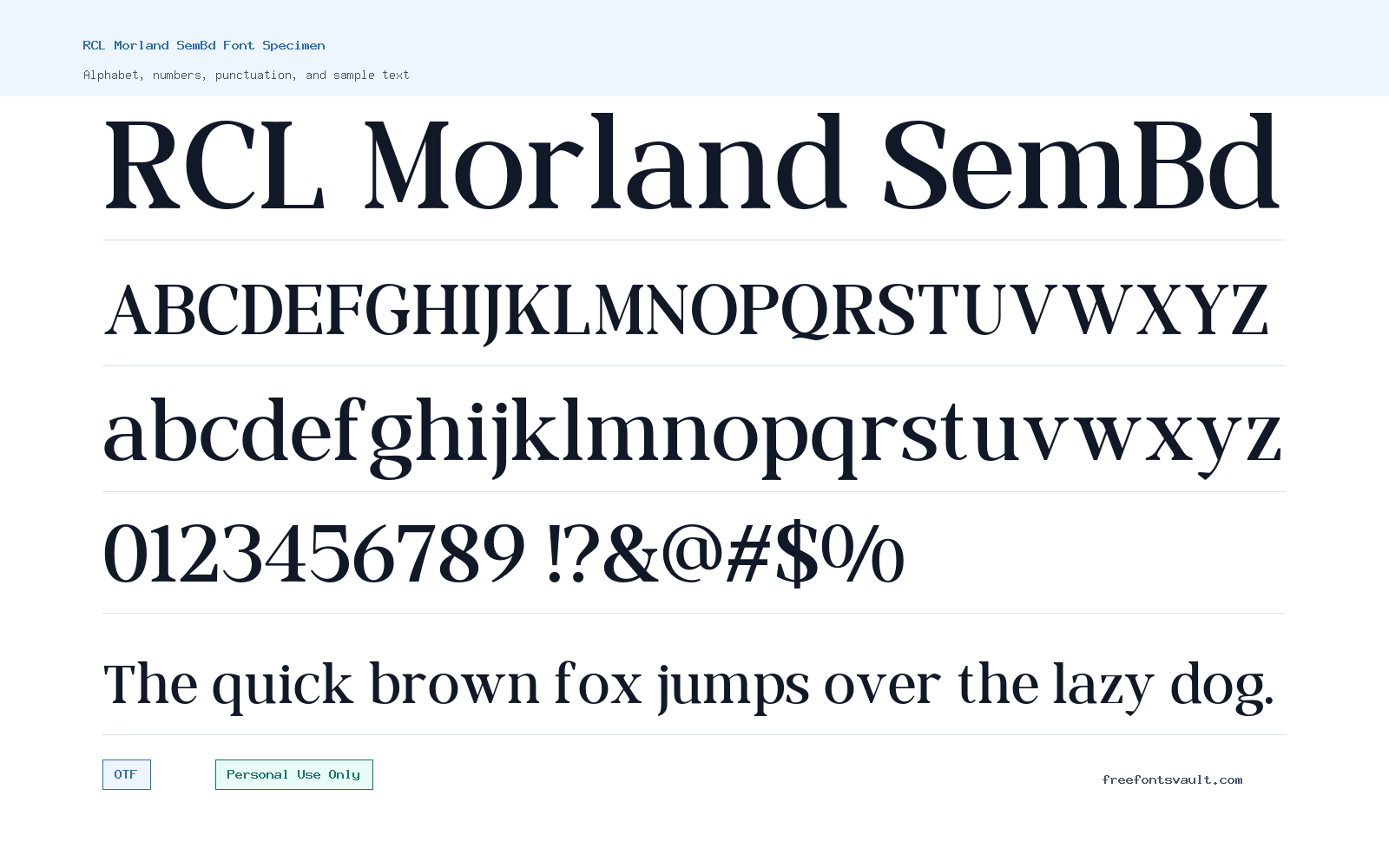 RCL Morland SemBd font specimen showing alphabet, numbers, and sample text