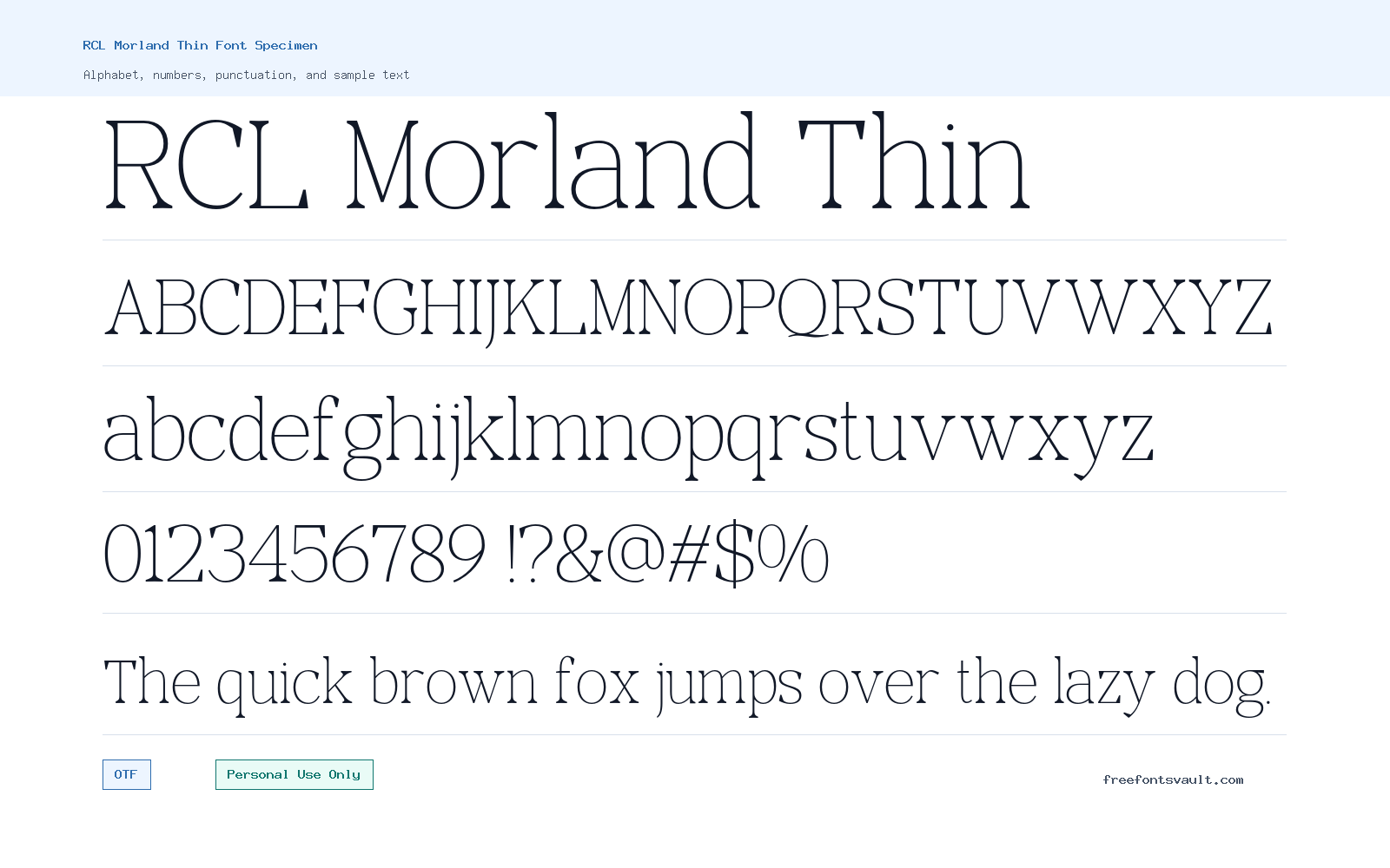 RCL Morland Thin font specimen showing alphabet, numbers, and sample text