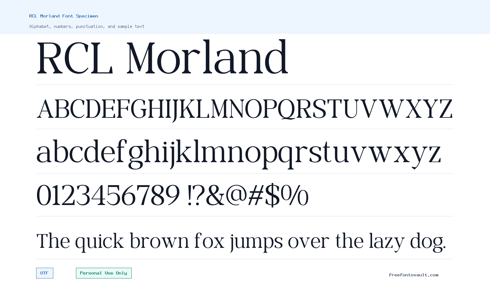 RCL Morland font specimen showing alphabet, numbers, and sample text