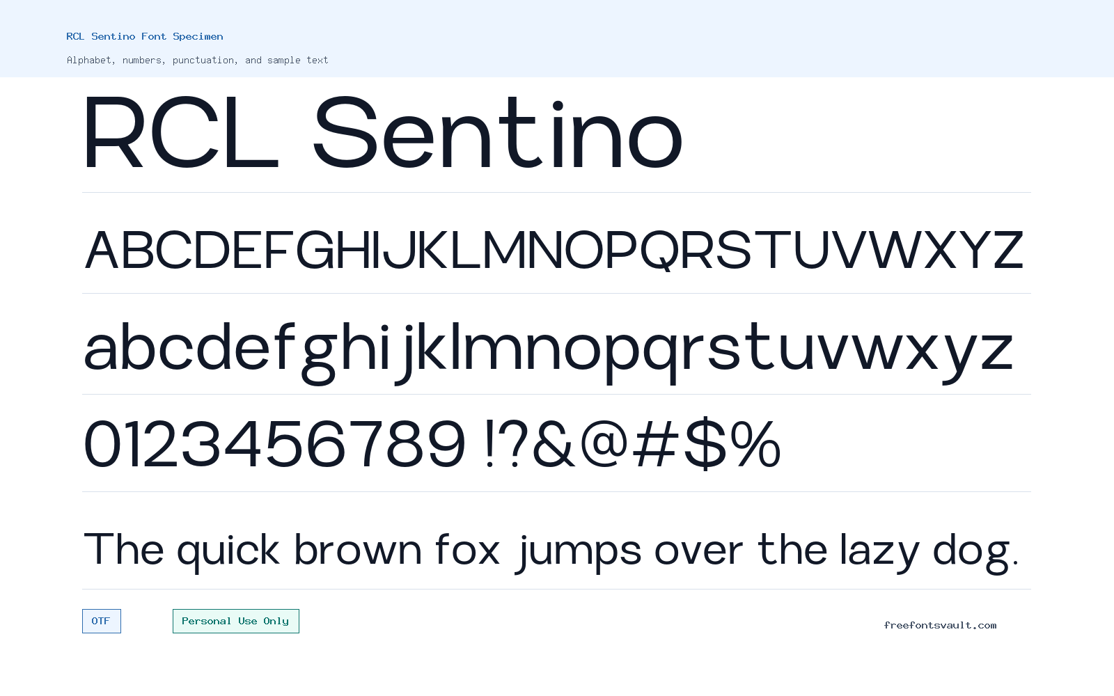RCL Sentino font specimen showing alphabet, numbers, and sample text