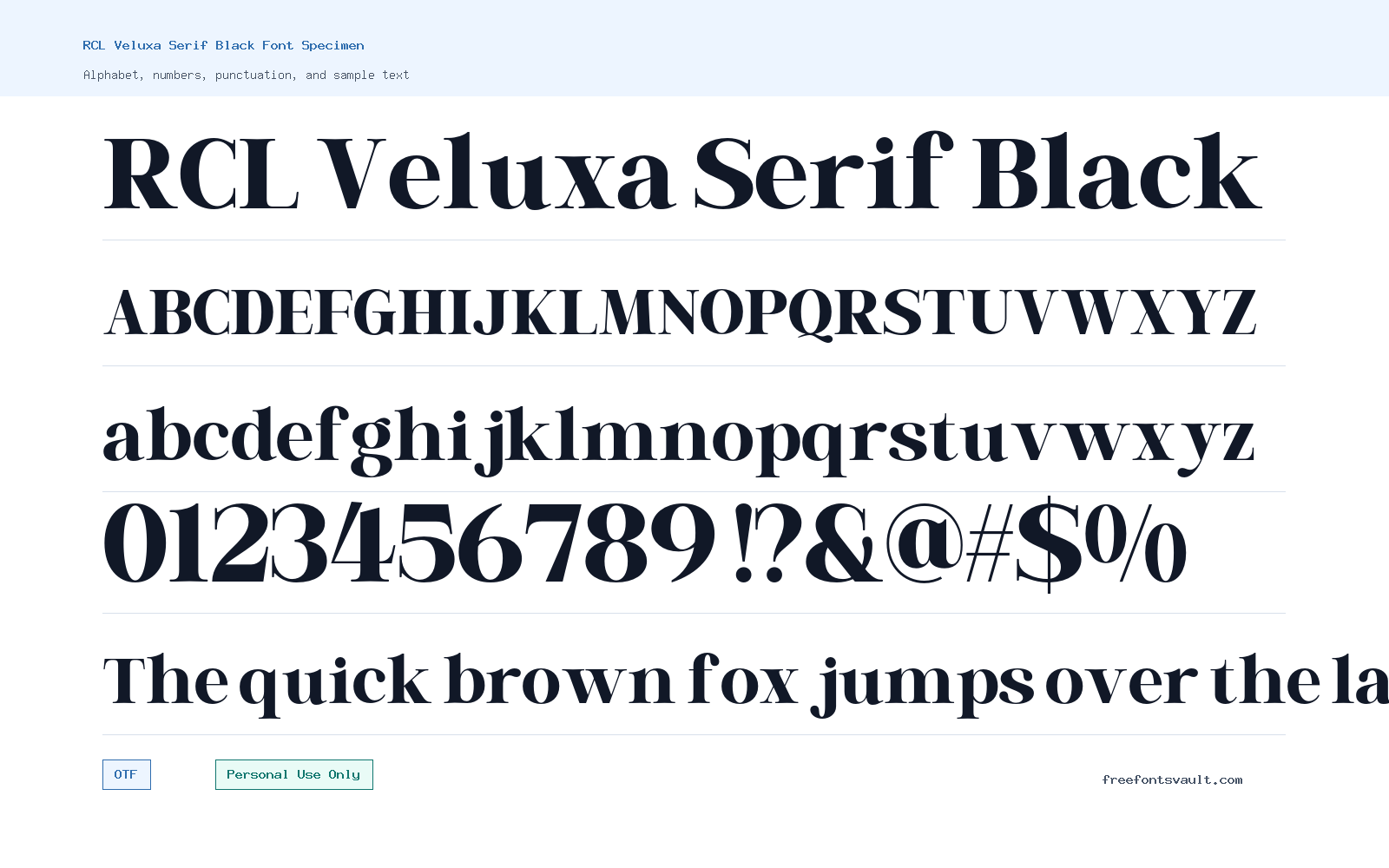 RCL Veluxa Serif Black font specimen showing alphabet, numbers, and sample text