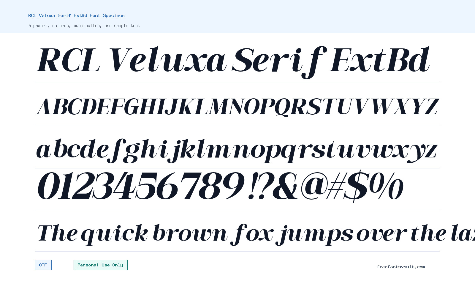 RCL Veluxa Serif ExtBd font specimen showing alphabet, numbers, and sample text