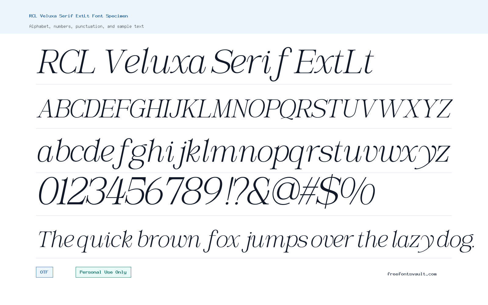 RCL Veluxa Serif ExtLt font specimen showing alphabet, numbers, and sample text