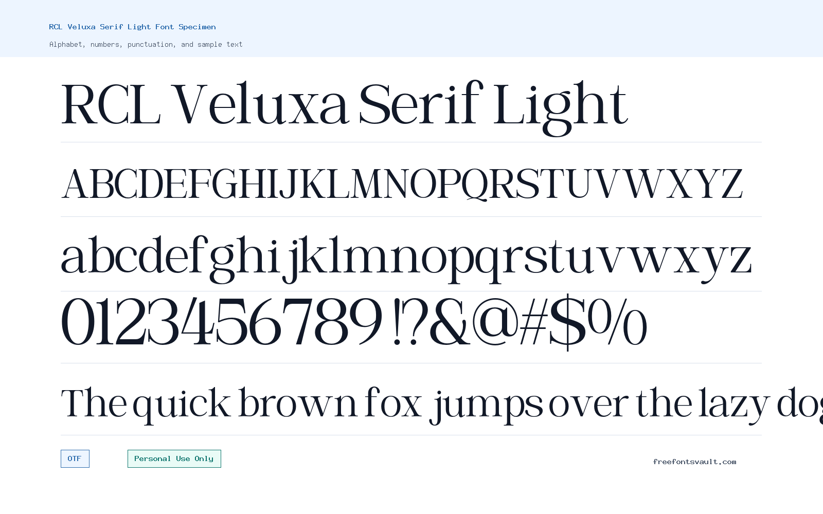 RCL Veluxa Serif Light font specimen showing alphabet, numbers, and sample text