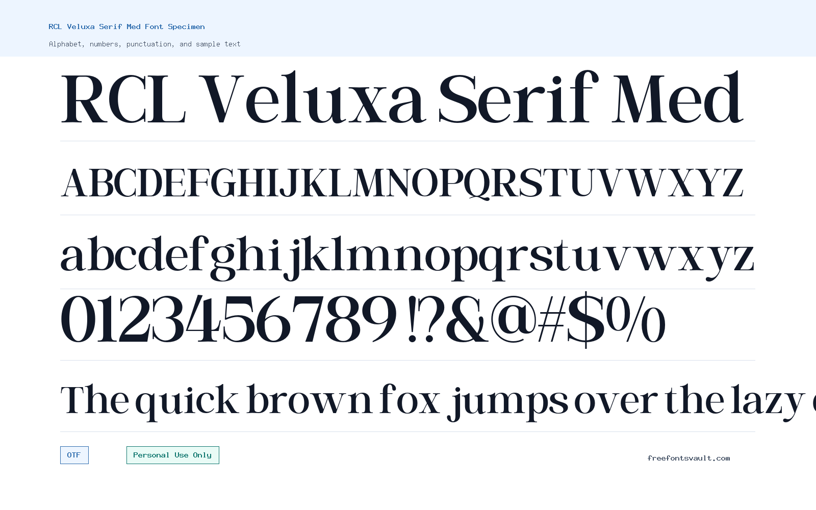 RCL Veluxa Serif Med font specimen showing alphabet, numbers, and sample text