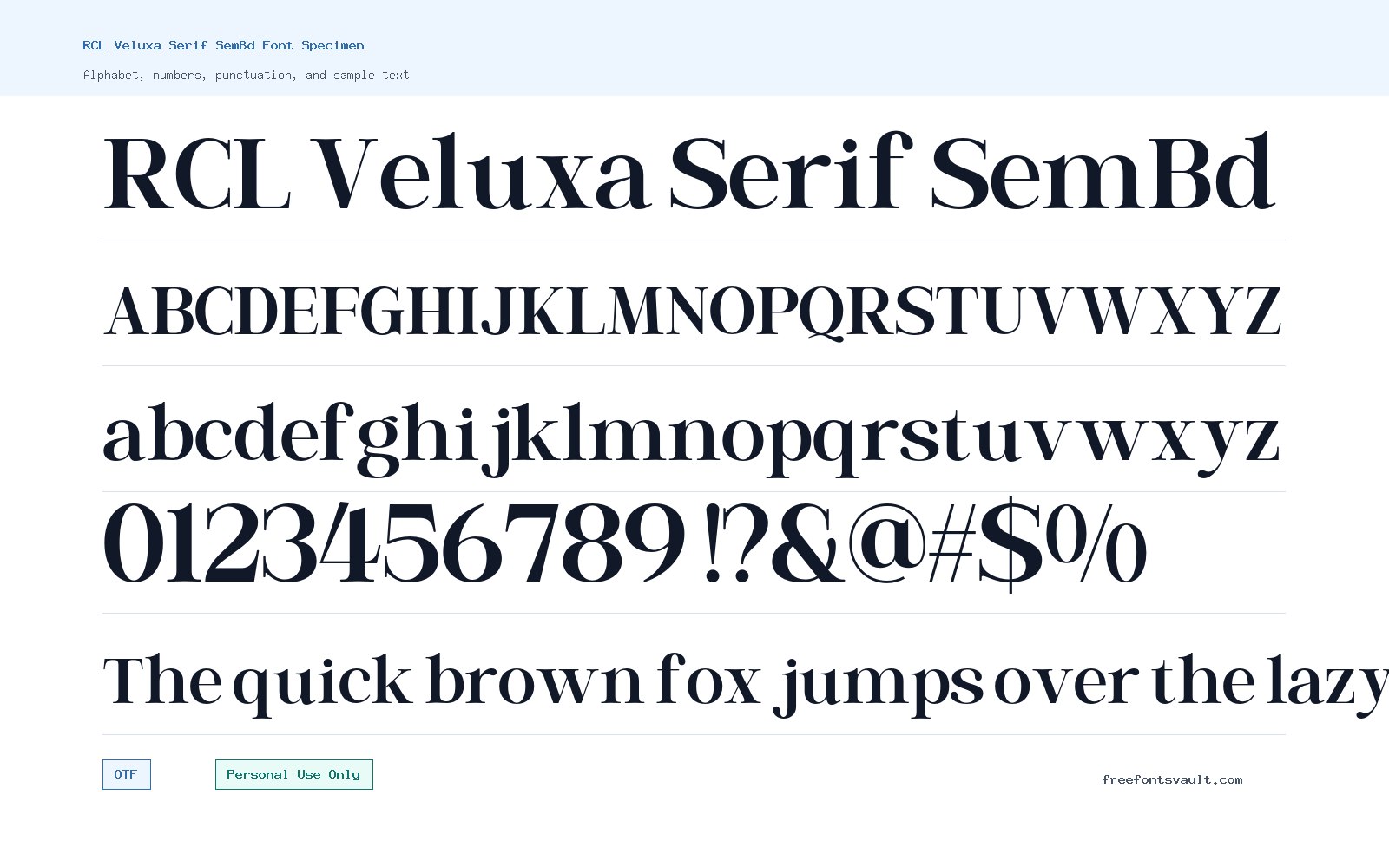 RCL Veluxa Serif SemBd font specimen showing alphabet, numbers, and sample text