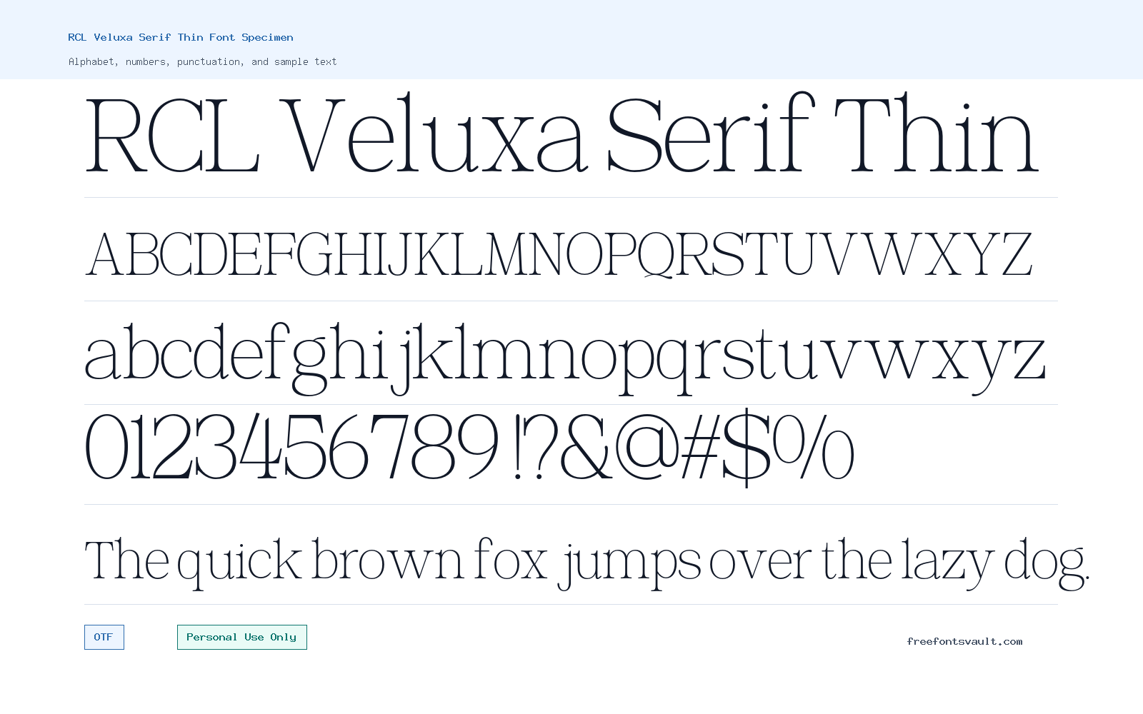 RCL Veluxa Serif Thin font specimen showing alphabet, numbers, and sample text