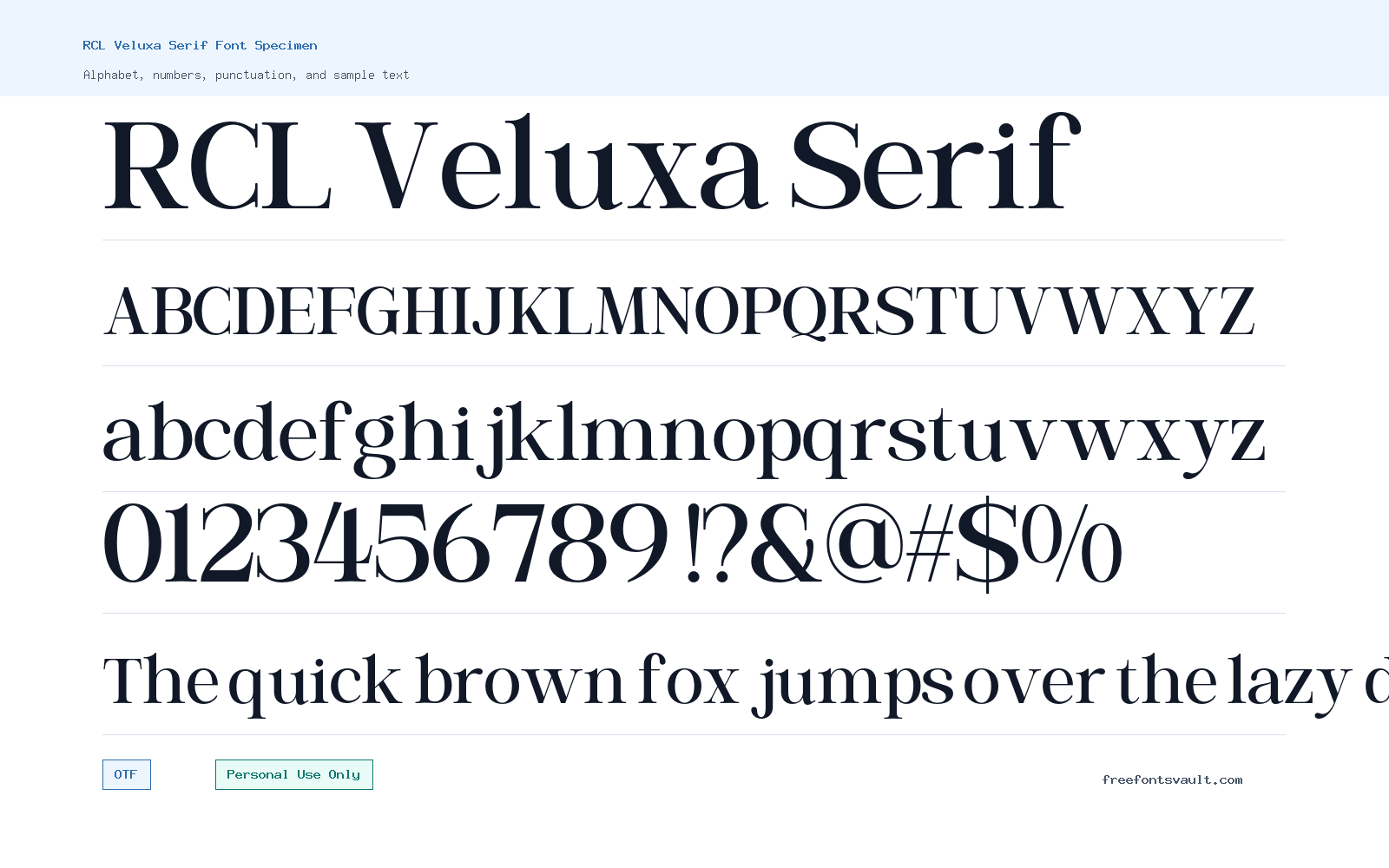 RCL Veluxa Serif font specimen showing alphabet, numbers, and sample text