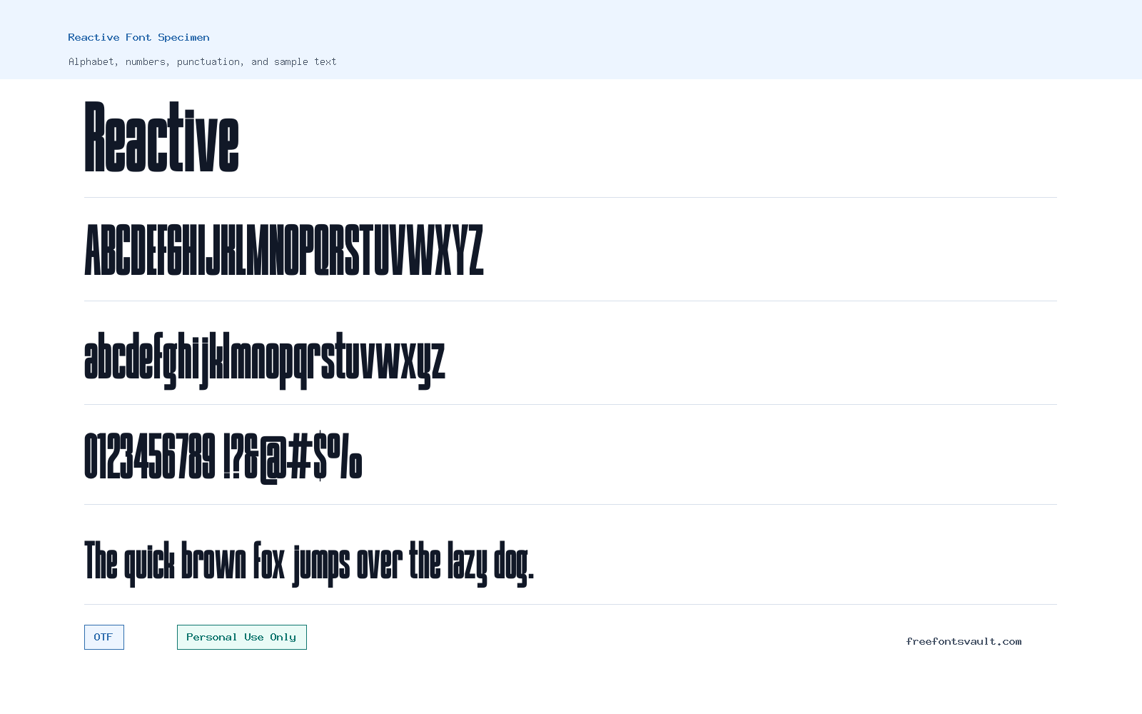 Reactive font specimen showing alphabet, numbers, and sample text