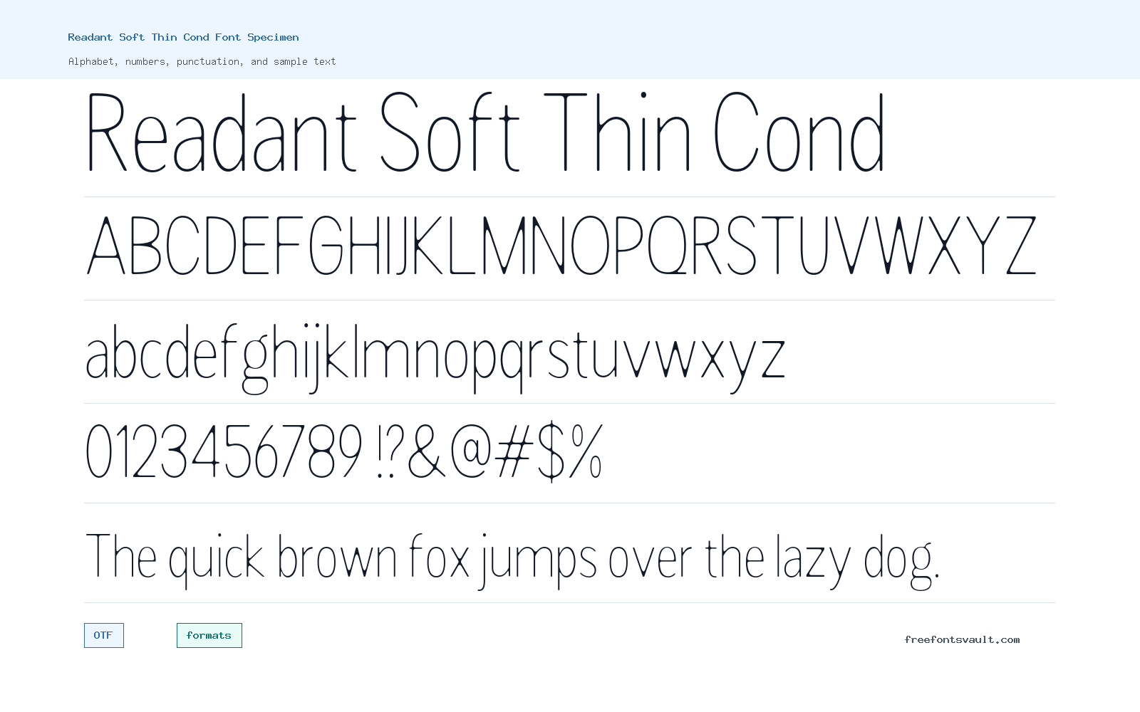 Readant Soft Thin Cond font specimen showing alphabet, numbers, and sample text