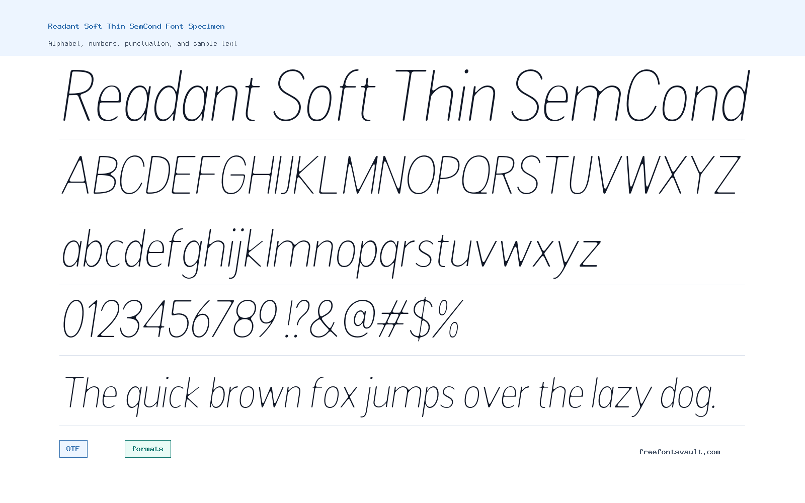 Readant Soft Thin SemCond font specimen showing alphabet, numbers, and sample text