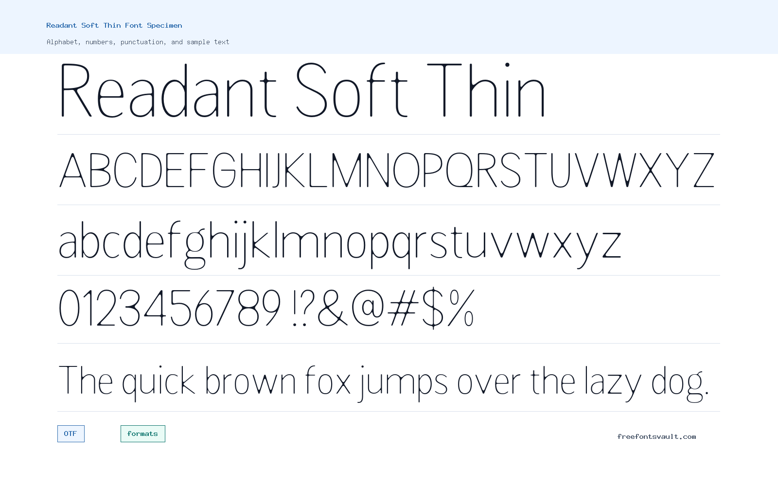 Readant Soft Thin font specimen showing alphabet, numbers, and sample text