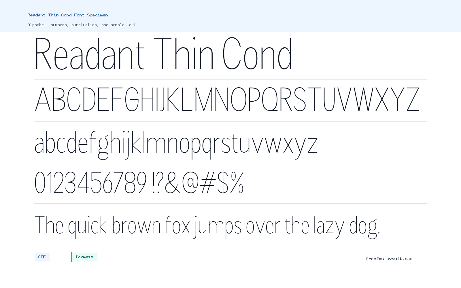 Readant Thin Cond font specimen showing alphabet, numbers, and sample text