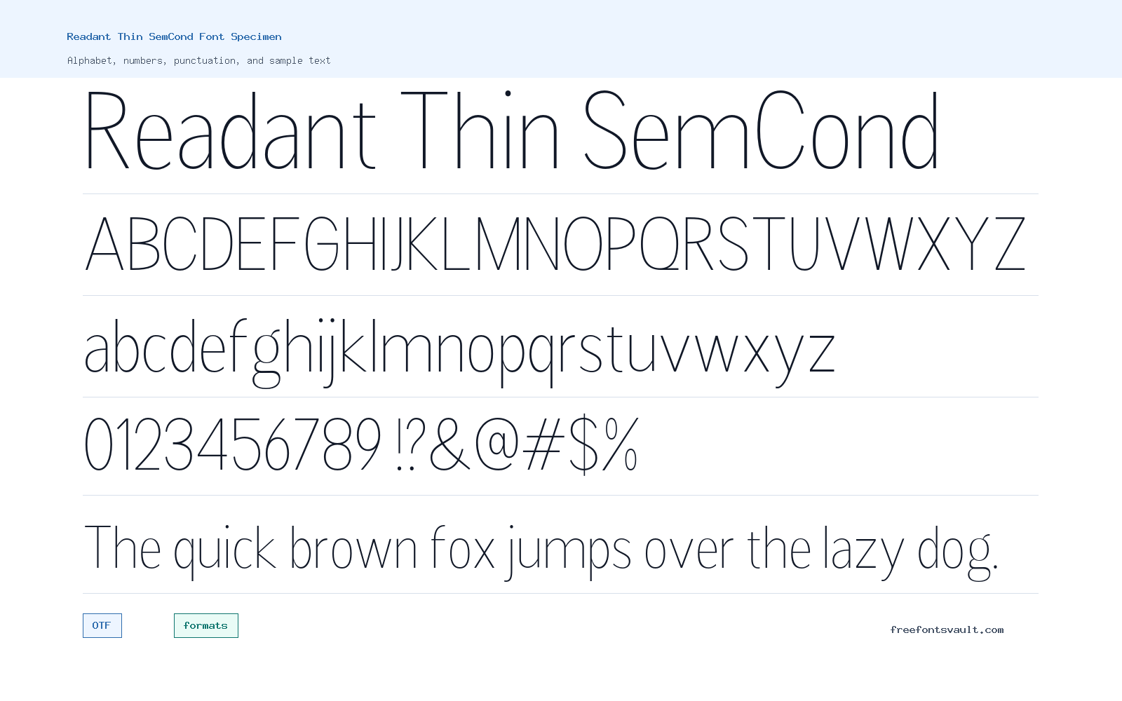 Readant Thin SemCond font specimen showing alphabet, numbers, and sample text