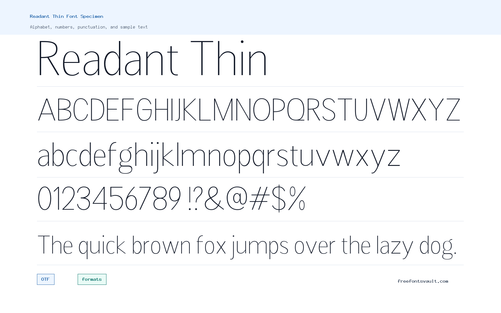 Readant Thin font specimen showing alphabet, numbers, and sample text