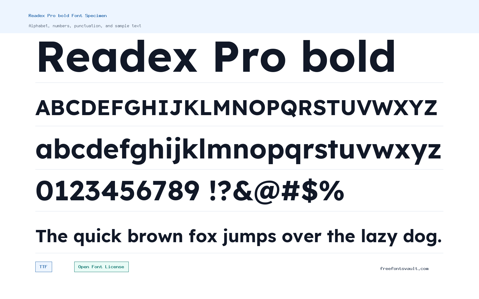 Readex Pro bold font specimen showing alphabet, numbers, and sample text
