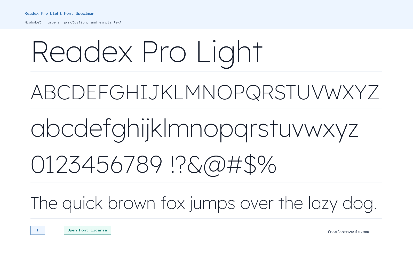 Readex Pro Light font specimen showing alphabet, numbers, and sample text