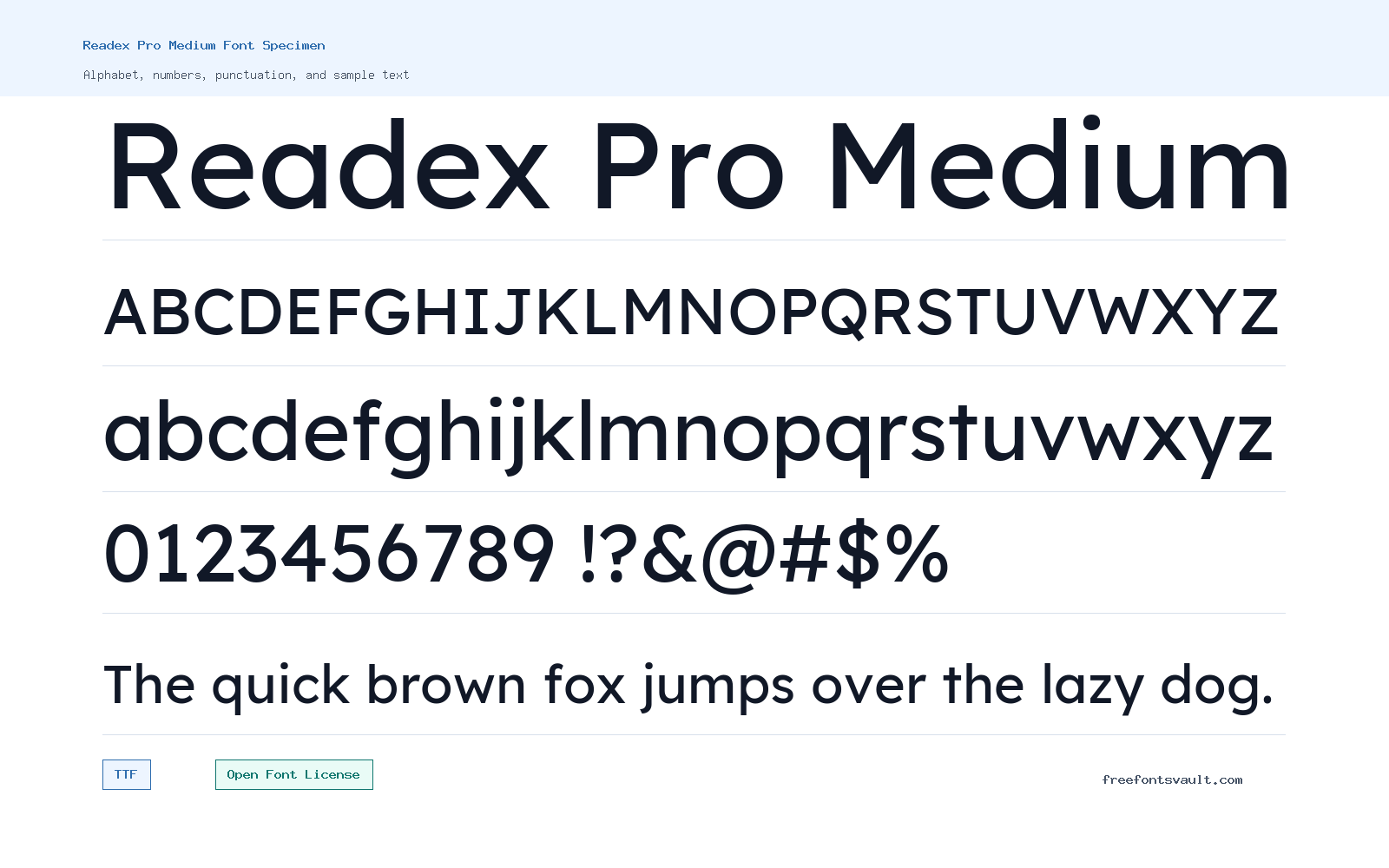 Readex Pro Medium font specimen showing alphabet, numbers, and sample text