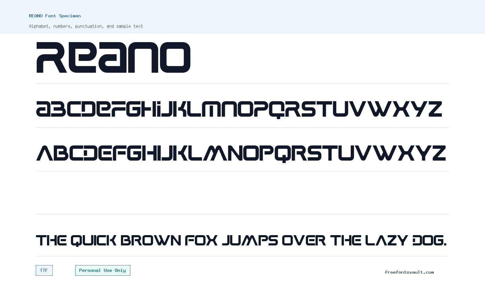REANO font specimen showing alphabet, numbers, and sample text